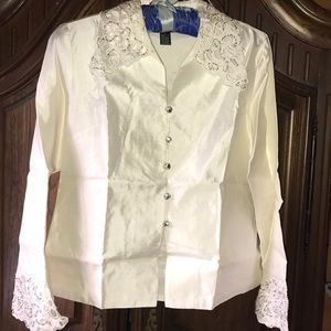 Carole Little Raw Silk Beaded collar cuffs blouse